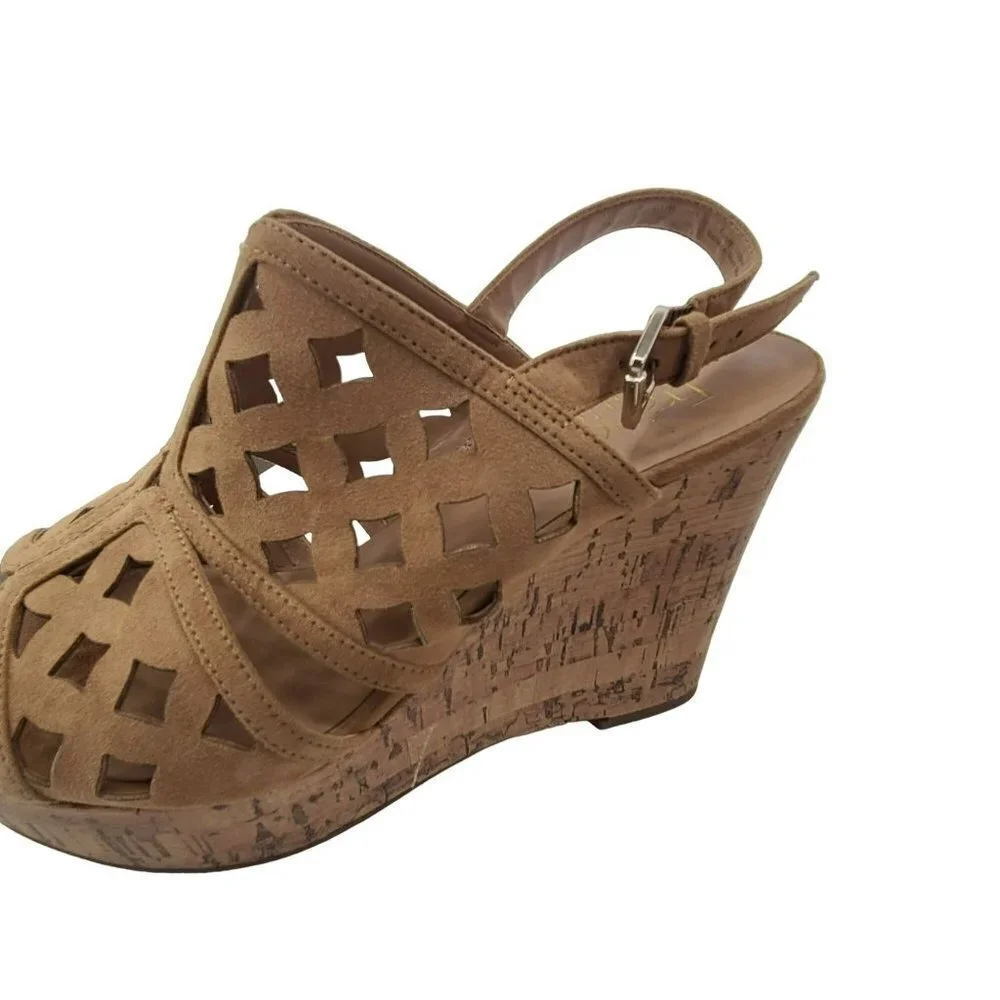 Franco Sarto Women's  Shea Dark Camel Wedge Sandal Brown Size 9M leather boho
